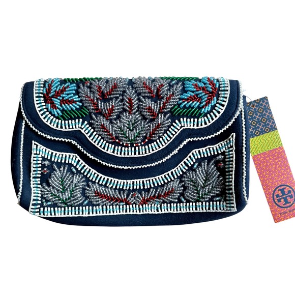 NWT TORY BURCH Indian Beaded Clutch Navy Blue Felt Purse, Designer Handbag - Picture 1 of 10